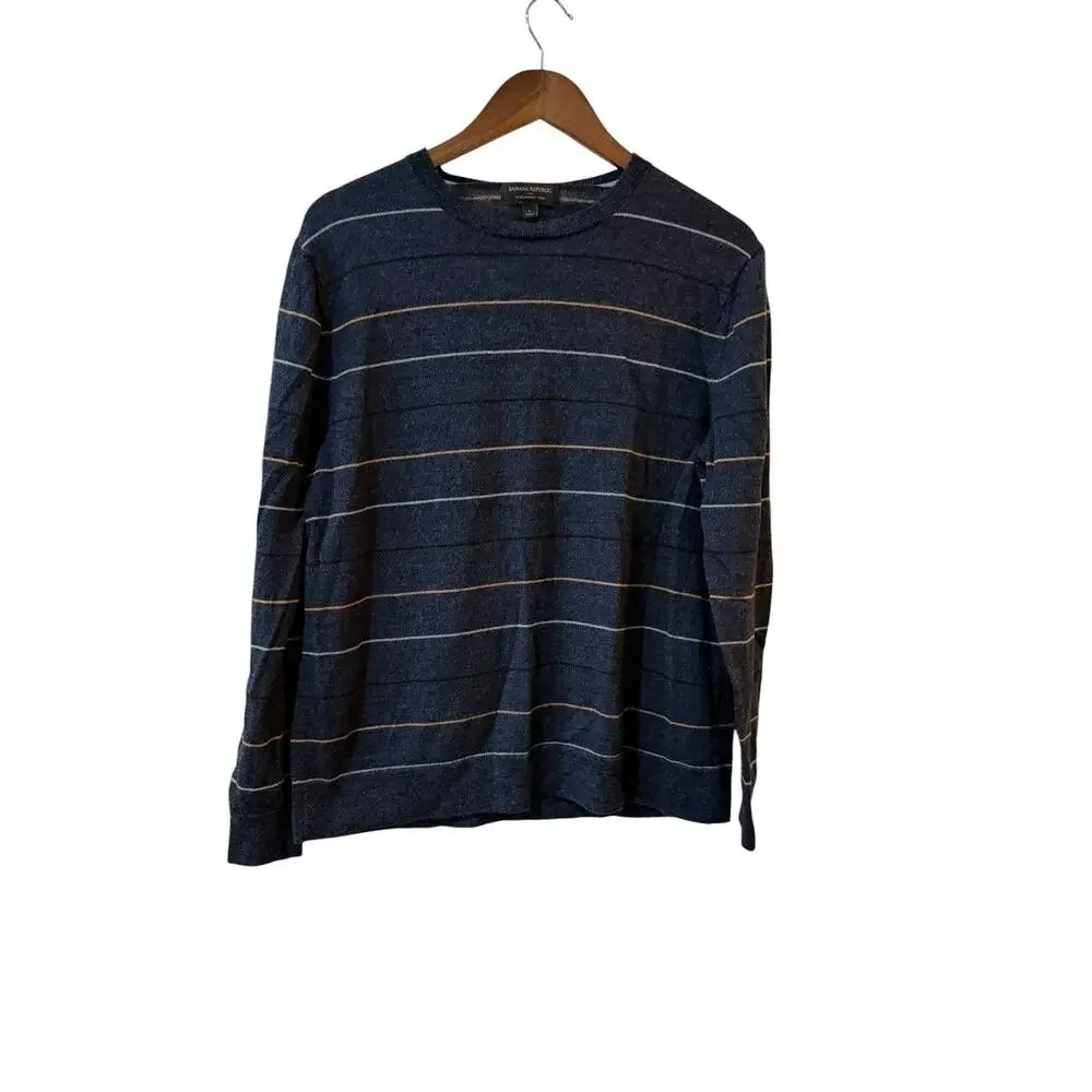 Banana Republic Merino Wool Sweater Men Large Navy Stripe Crew Neck Lightweight